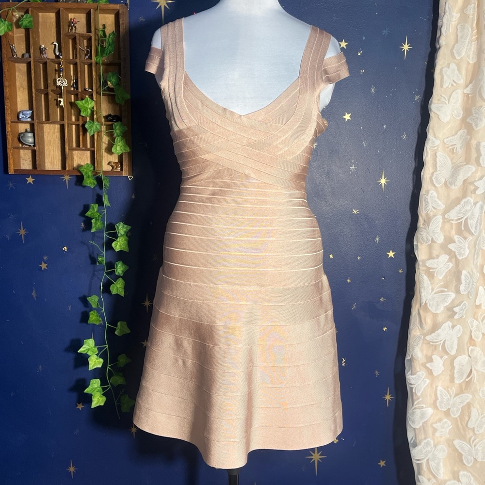 Herve Leger Beige Valerie Bandage Mini Dress Large Fit Flare